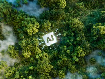 Aerial view of a forest with mist, centering on a glowing 'AI' platform, symbolizing the ecological implications of advancing artificial intelligence. 3d rendering.