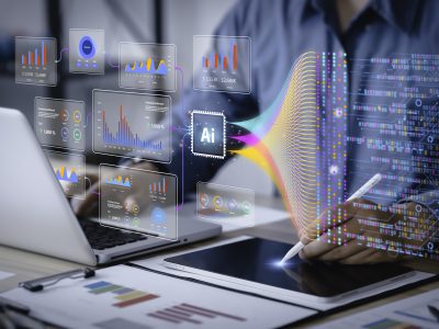 Data analysis science and big data with AI technology. Analyst or Scientist uses a computer and dashboard for analysis of information on complex data sets on computer. Insights development engineer