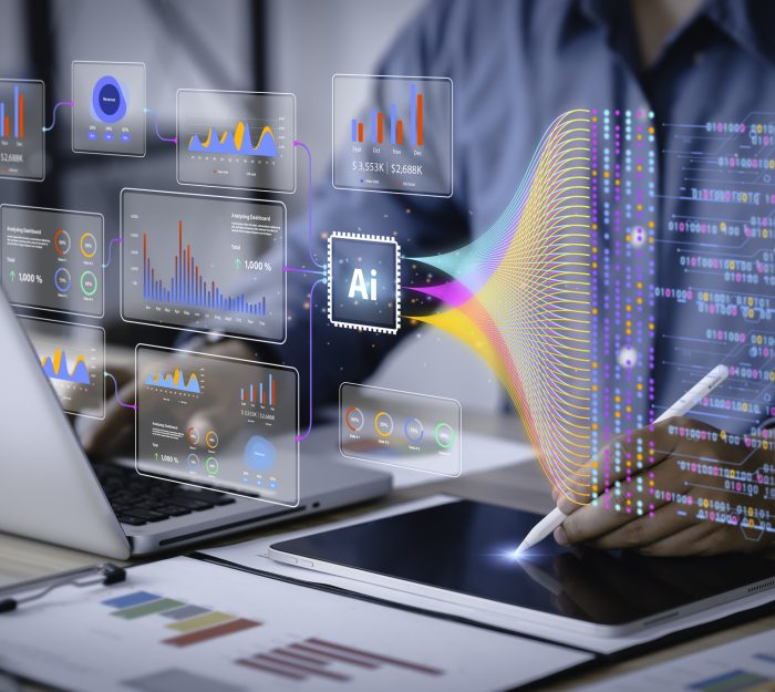 Data analysis science and big data with AI technology. Analyst or Scientist uses a computer and dashboard for analysis of information on complex data sets on computer. Insights development engineer